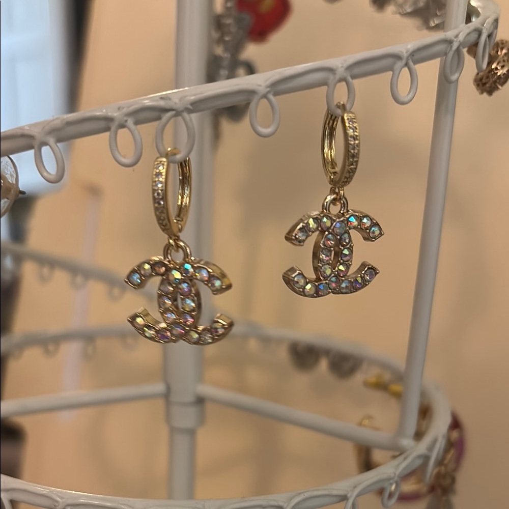 Iridescent Multicolor Chanel stamped Zipper Pull Crystal Earrings